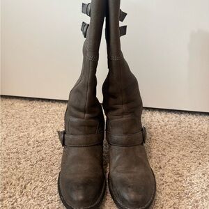 Born Zuniga Distressed Leather Moto Boots Grey Brown Buckle Mid- Calf Women 9.5